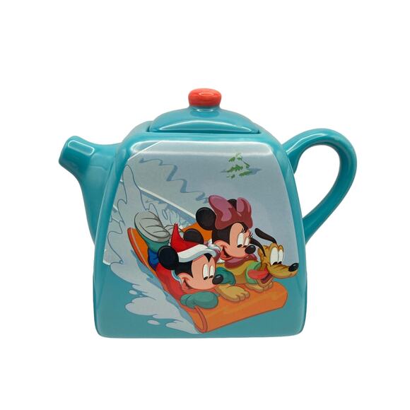 Blue Disney Tea Pot w/ Lid Mickey & Minnie Mouse with Pluto Christmas Sledding - Picture 1 of 8